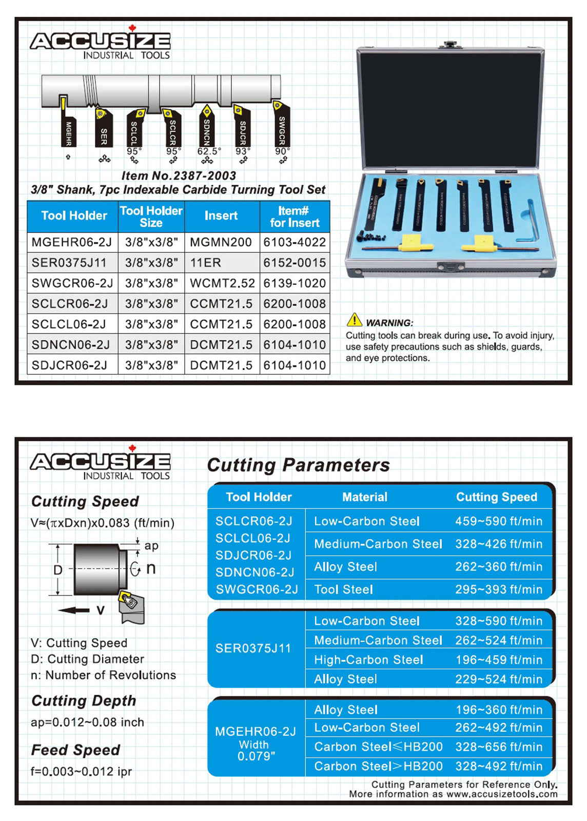 7 Pieces/Set 3/8'' Indexable Carbide Turning Tool Set with 10 Extra Carbide Inserts in Fitted Box, 2387-2003plus