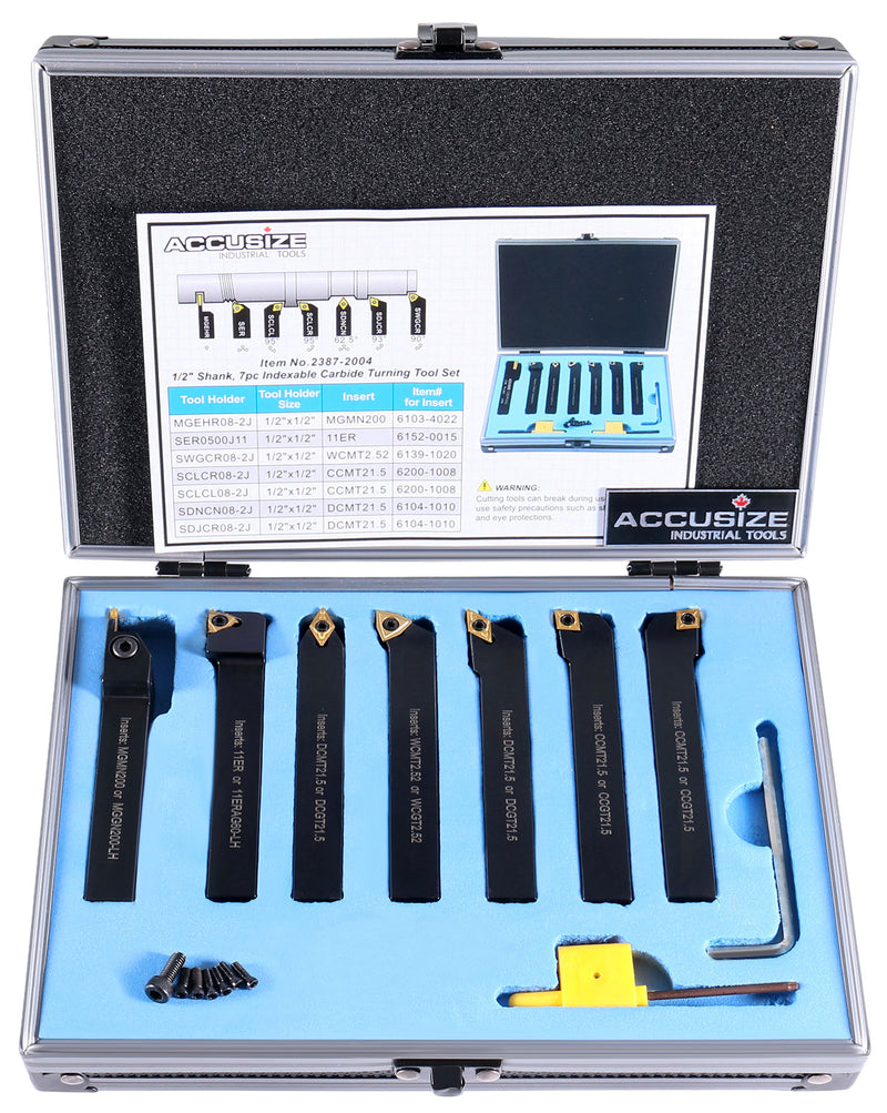 7-Ps Indexable Carbide Turning Tool Set, 1/2" Shank, C6 Grade TiN Coated Inserts, in Fitted Aluminum Case, 2387-2004