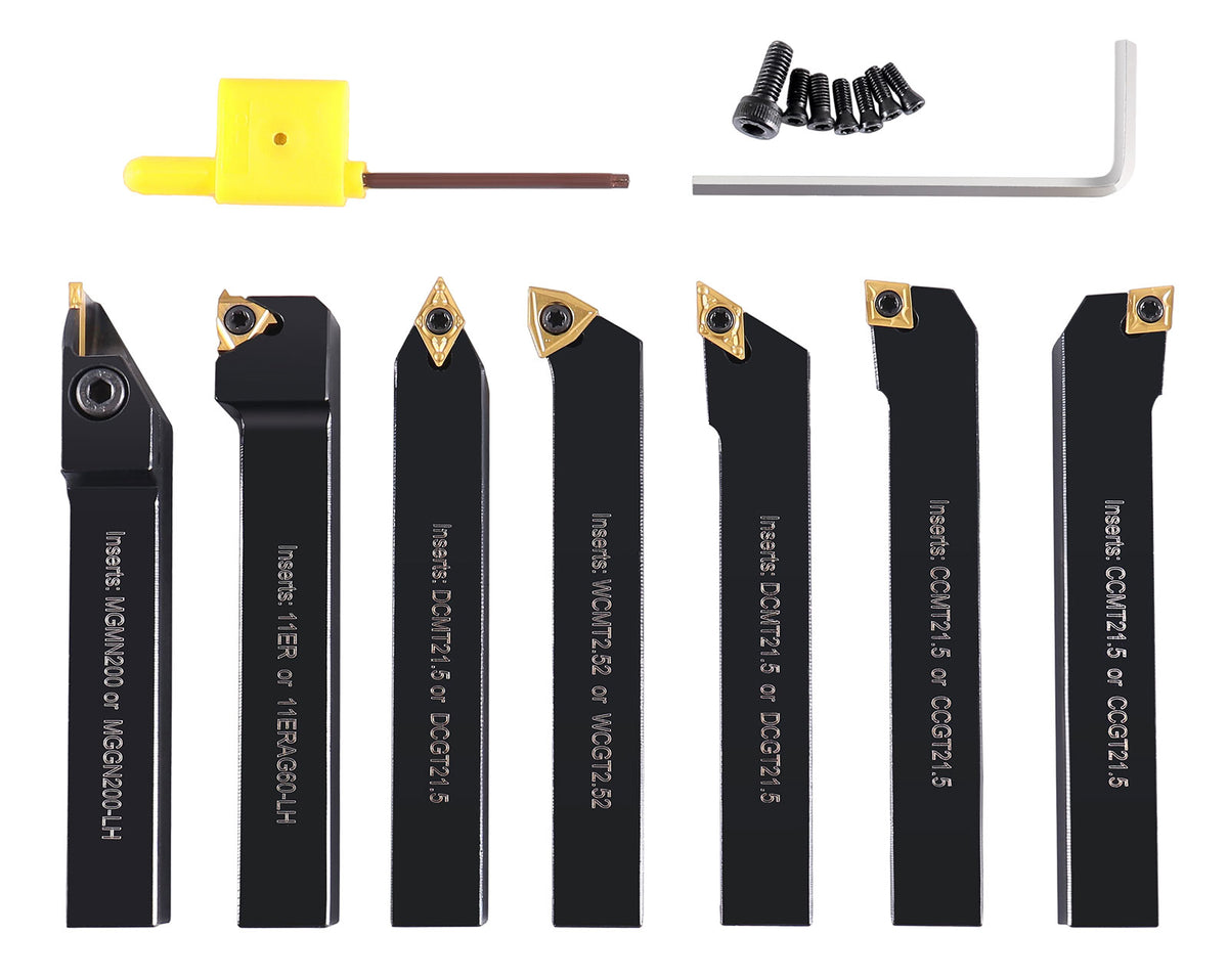 7-Ps Indexable Carbide Turning Tool Set, 1/2" Shank, C6 Grade TiN Coated Inserts, in Fitted Aluminum Case, 2387-2004