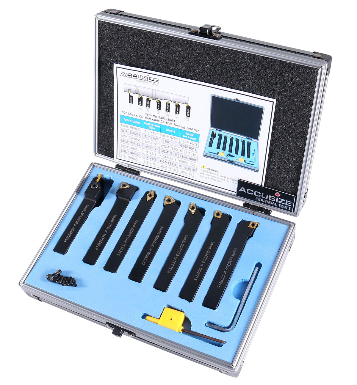 7-Ps Indexable Carbide Turning Tool Set, 1/2" Shank, C6 Grade TiN Coated Inserts, in Fitted Aluminum Case, 2387-2004