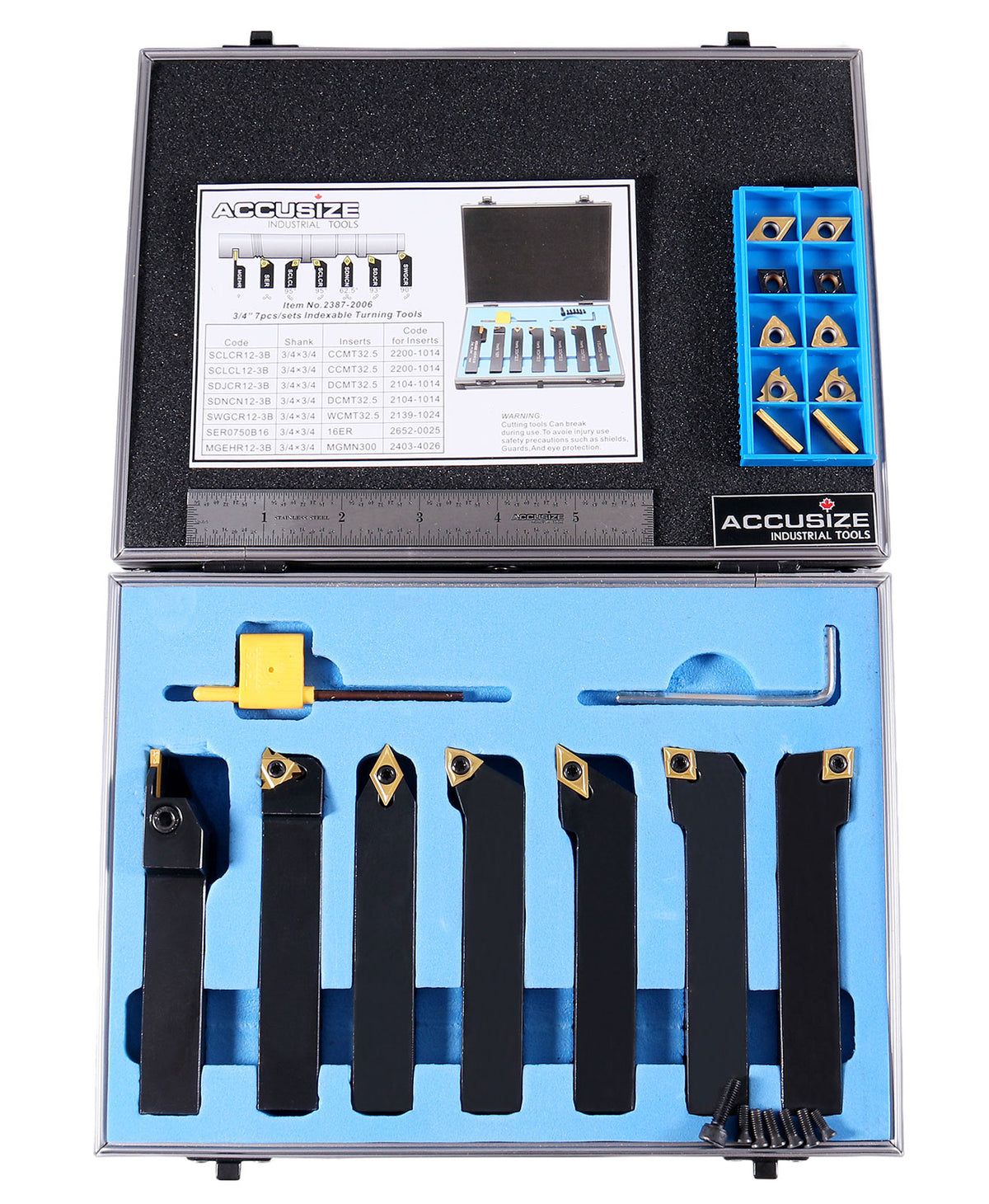 3/4'' Shank 7 Pc Indexable Carbide Turning Tool Set with 10 Extra Carbide Inserts in Fitted Box, 2387-2006plus