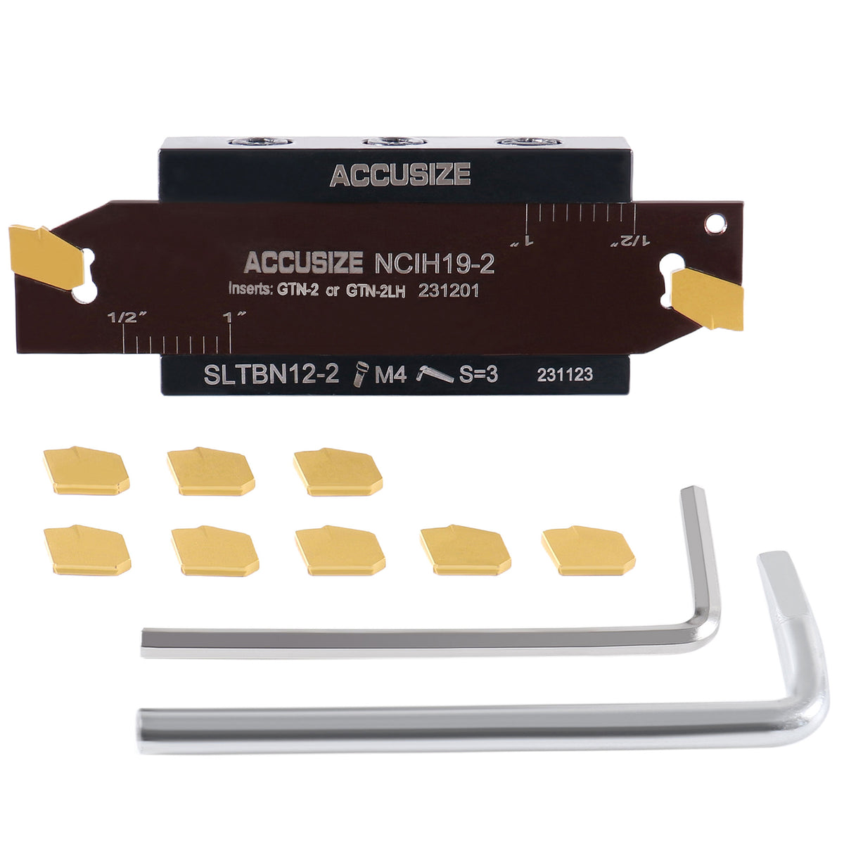 1/2'' Self-Lock Block Sltbn12-2 with 10 Pcs Gtn-2 Carbide Inserts and 1 Pc 0.087'' - 0.094'' Width Ncih19-2 Blade, 2410-0012
