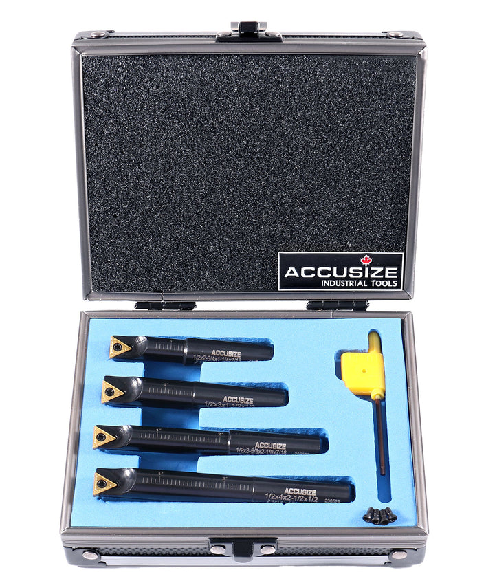 4 Pc 1/2'' Round Shank Indexable Boring Bar Set with Tcmt21.50 Carbide Inserts, 90 Degree, 2627-9104