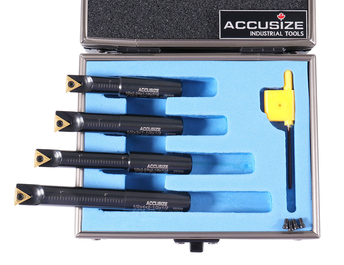 4 Pc 1/2'' Round Shank Indexable Boring Bar Set with Tcmt21.50 Carbide Inserts, 90 Degree, 2627-9104