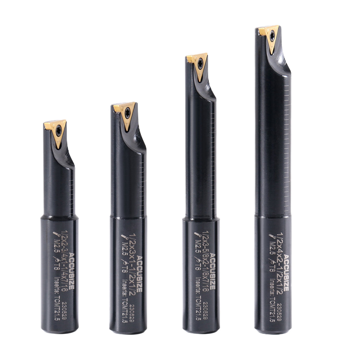 4 Pc 1/2'' Round Shank Indexable Boring Bar Set with Tcmt21.50 Carbide Inserts, 90 Degree, 2627-9104