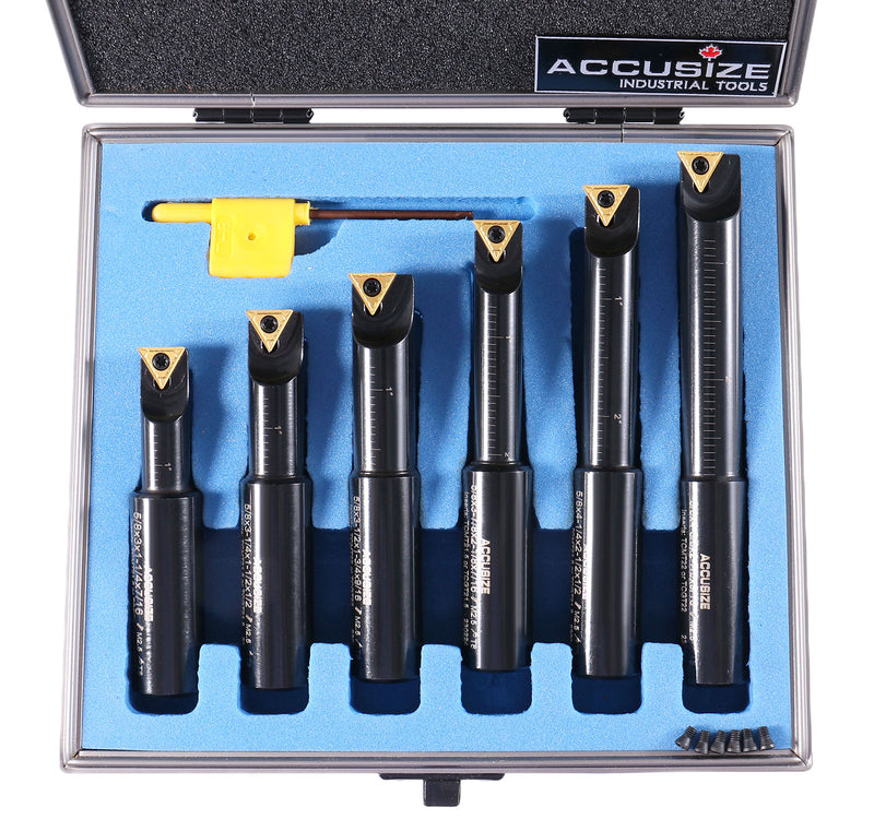 6 Pc 5/8'' Round Shank Indexable Boring Bar Set with Tcmt Carbide Inserts, 90 Degree, 2627-9106
