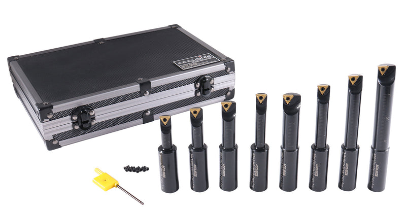 8 Pc 3/4'' Round Shank Indexable Boring Bar Set with Tcmt Carbide Inserts, 90 Degree, 2627-9108