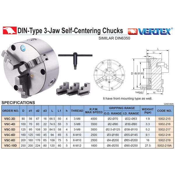 Vertex VSC-12A 3 Jaw Self-Centering Chuck, 5002-028A