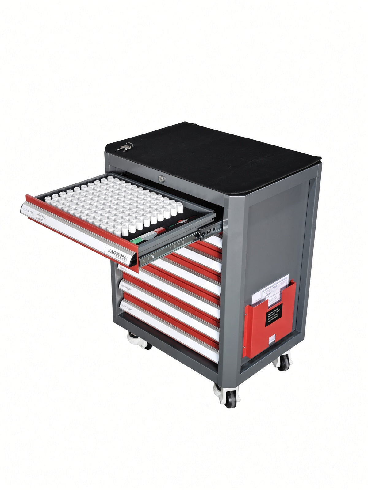 Accusize 3350-8177 pin gage cabinet with drawer 1 open, showing small pins stored in individual white size-marked tubes.