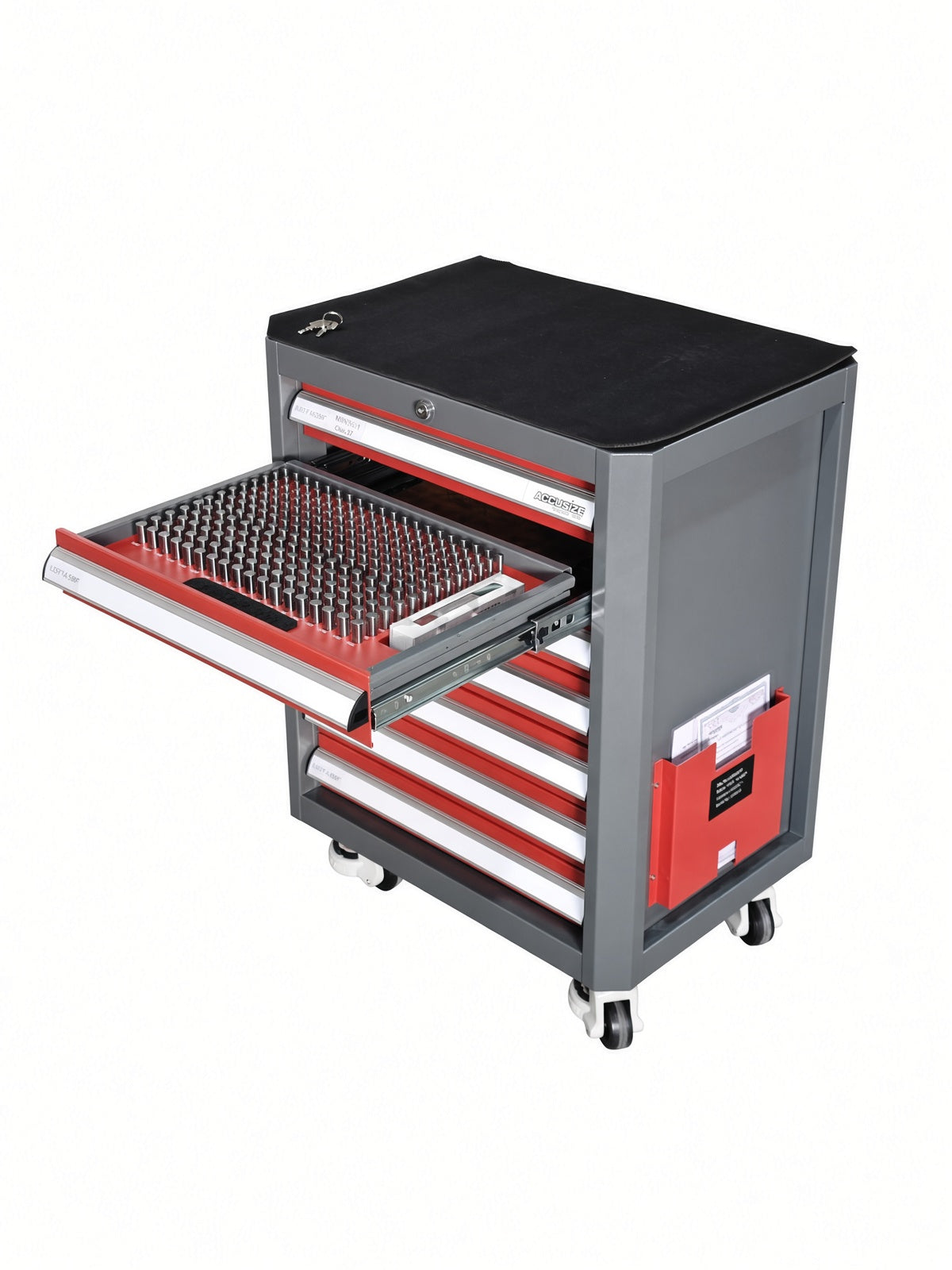 Accusize 3350-8177 pin gage cabinet with drawer 2 open, showing rows of steel pins in individual slots.