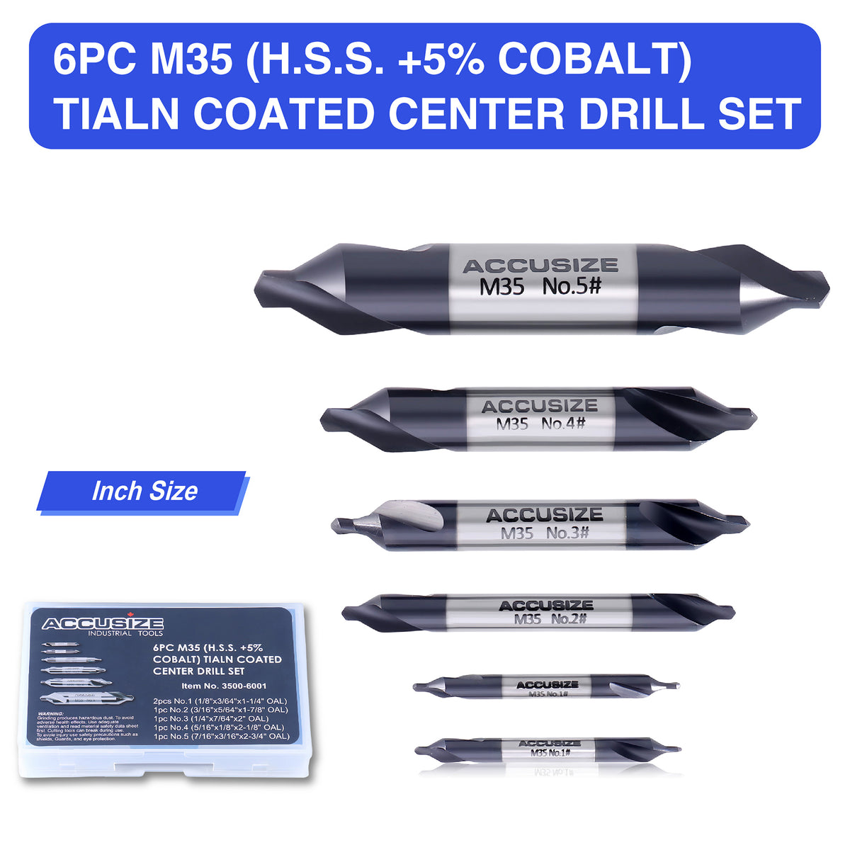 6pc M35 (H.S.S. +5% Cobalt) TiALN Coated Center Drill Set