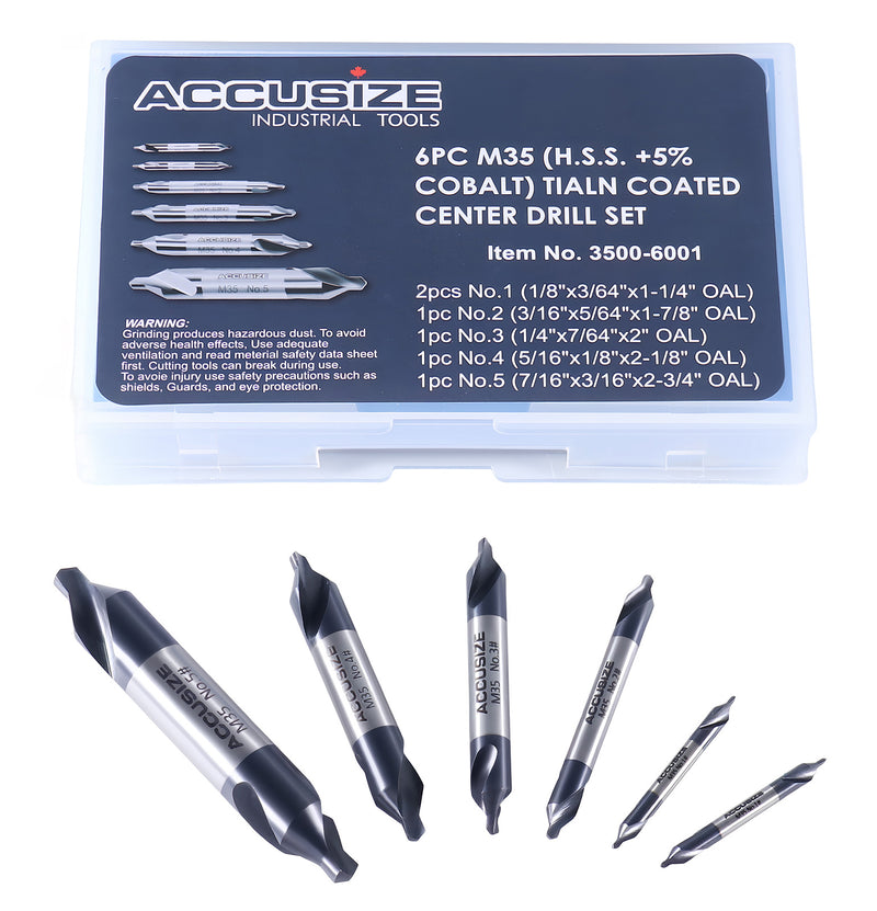 6pc M35 (H.S.S. +5% Cobalt) TiALN Coated Center Drill Set