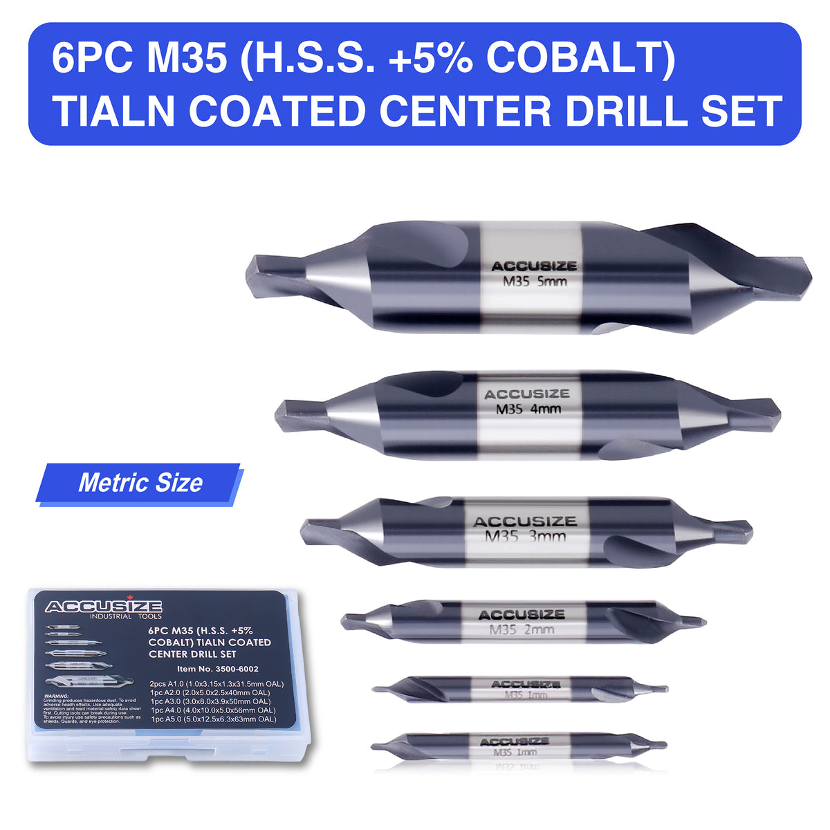 6pc M35 (H.S.S. +5% Cobalt) TiALN Coated Center Drill Set