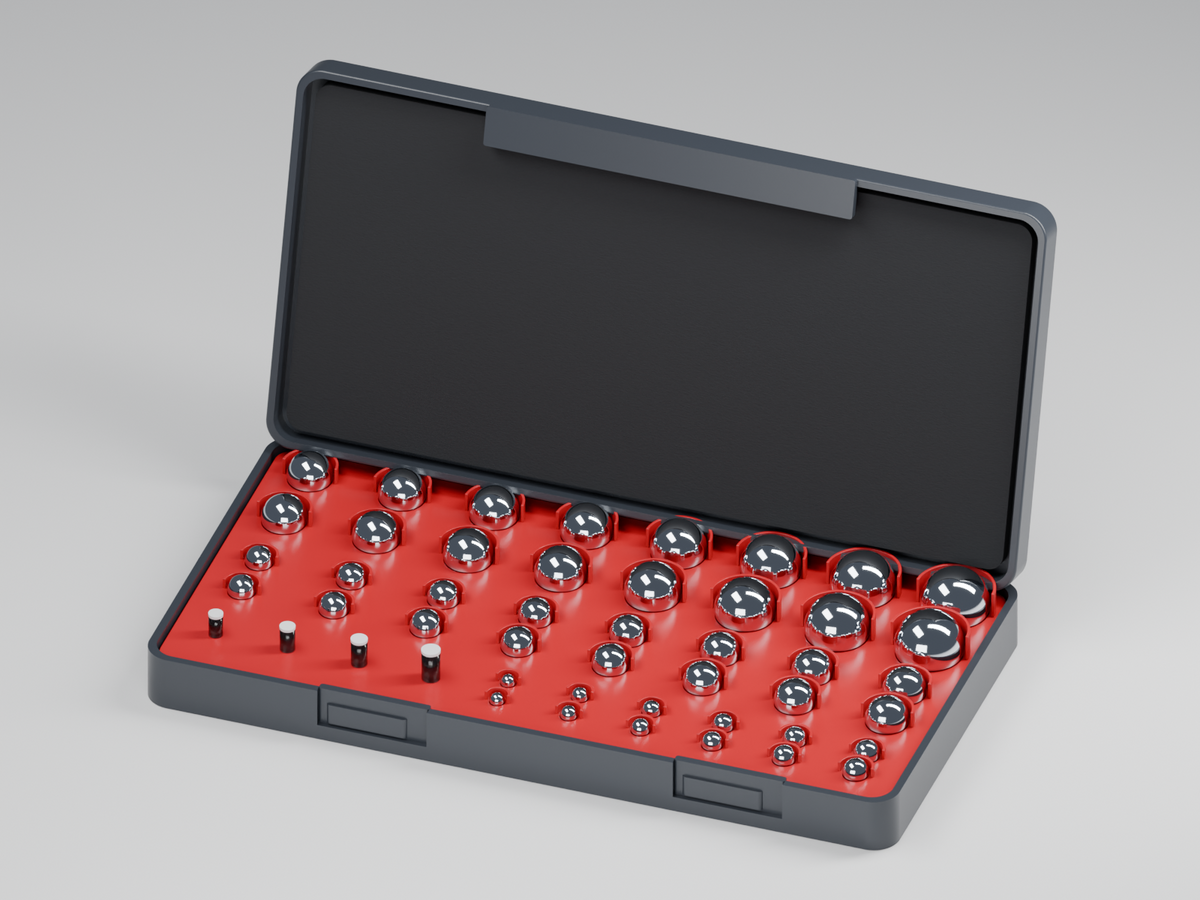 Computer-generated preview of the 52-piece chrome steel gage ball set.