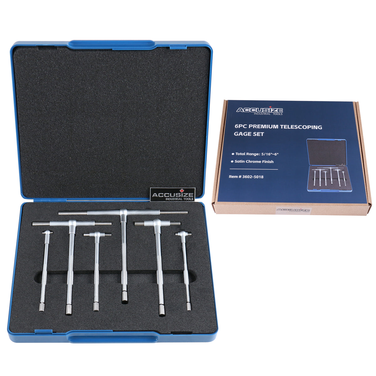 Premium 5/16'' - 6", 6ps/Set Telescoping Gage Set, Satin Chrome Finished, 3602-5018