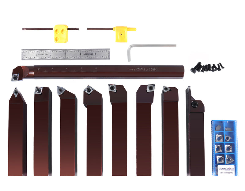 1" 9 Pieces/Set, Indexable Carbide Turning Tools and Boring Bar, for Cutting Aluminum, 3988-0001