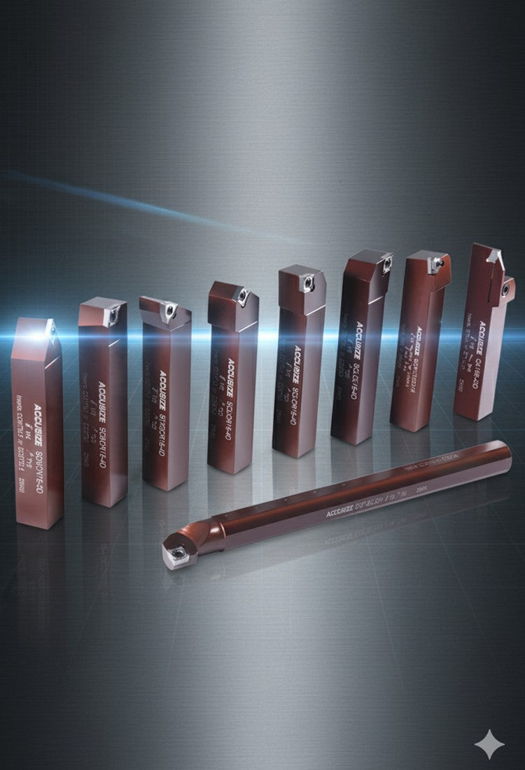 Accusize 9 Pc indexable carbide turning tool and boring bar set for aluminum cutting, showing red holders, carbide inserts, free keys, and case.