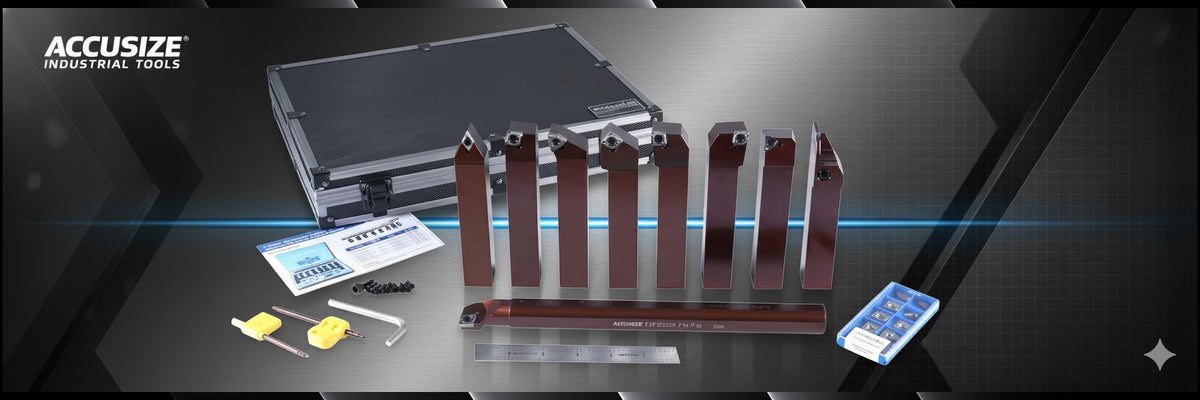 Accusize 9 Pc indexable carbide turning tool and boring bar set for aluminum cutting, showing red holders, carbide inserts, free keys, and case.