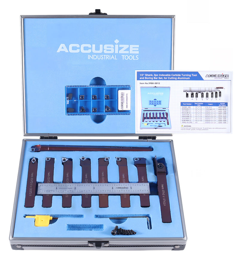 1/2" 9 Pieces/Set, Indexable Carbide Turning Tools and Boring Bar, for Cutting Aluminum, 3988-0012