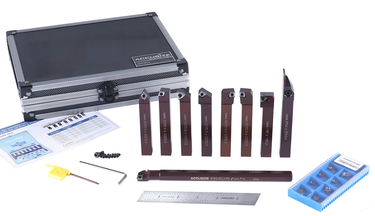 1/2" 9 Pieces/Set, Indexable Carbide Turning Tools and Boring Bar, for Cutting Aluminum, 3988-0012