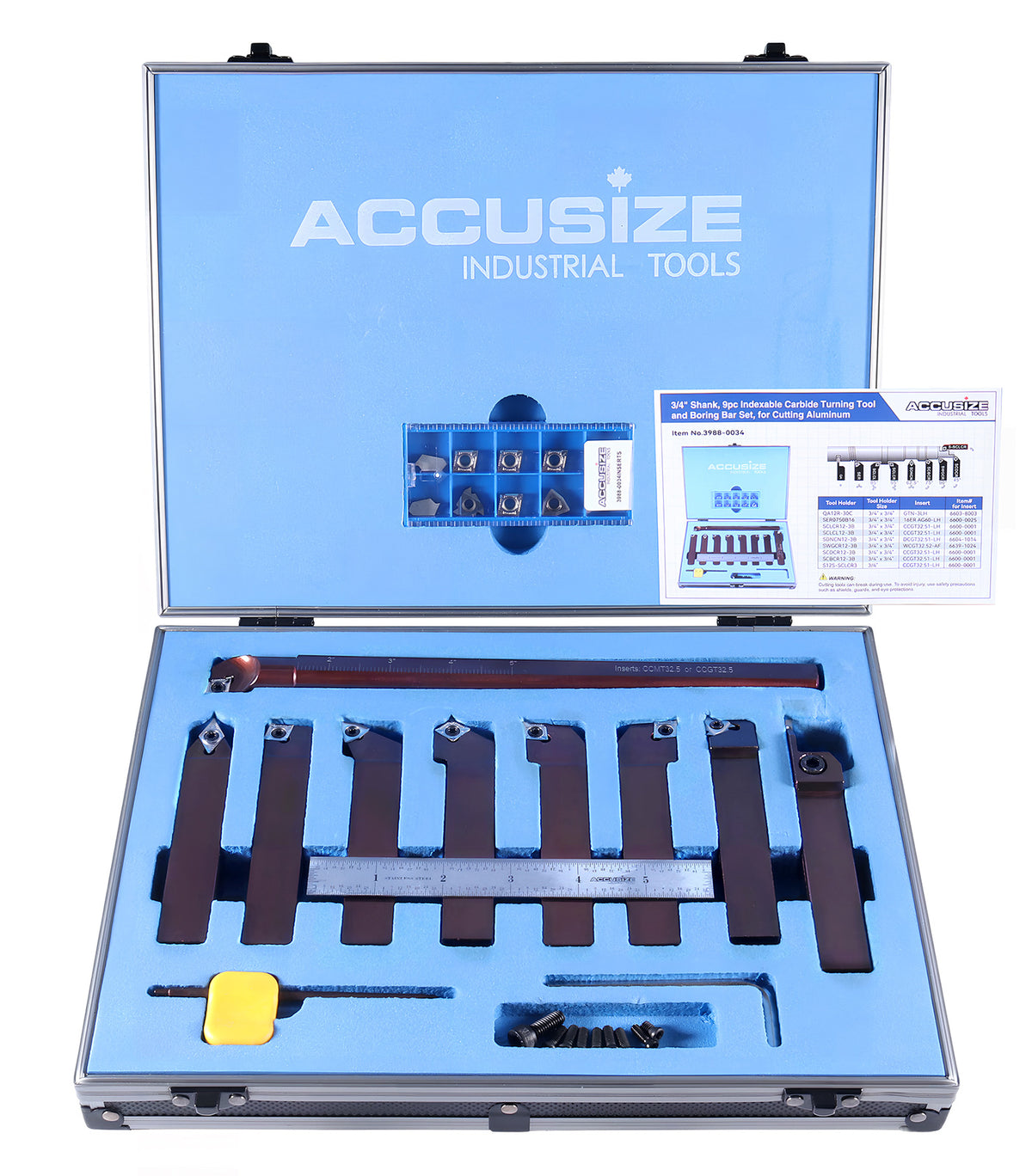 3/4" 9 Pieces/Set, Indexable Carbide Turning Tools and Boring Bar, for Cutting Aluminum, 3988-0034