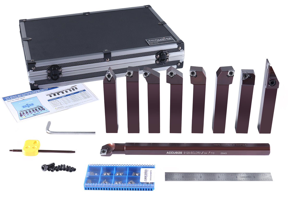 3/4" 9 Pieces/Set, Indexable Carbide Turning Tools and Boring Bar, for Cutting Aluminum, 3988-0034