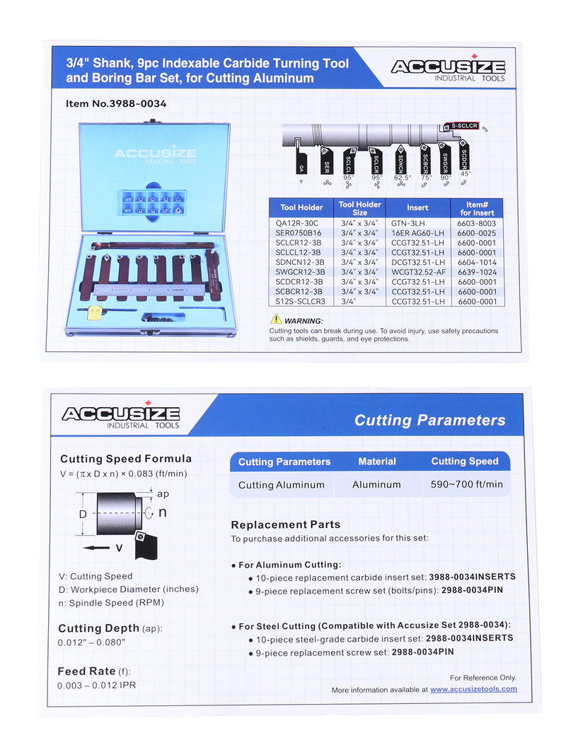 3/4" 9 Pieces/Set, Indexable Carbide Turning Tools and Boring Bar, for Cutting Aluminum, 3988-0034