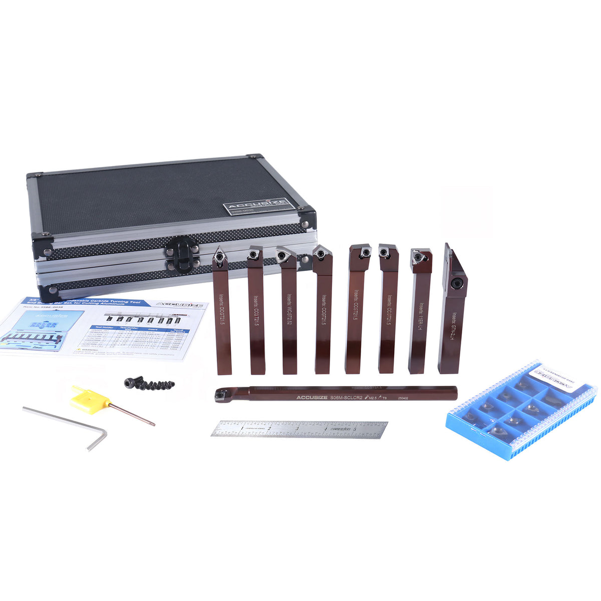 3/8'' Shank 9pc Indexable Carbide Turning Tool & Boring Bar Set with 10 Extra Carbide Sharp Inserts for Cutting Aluminum, 3988‑0038