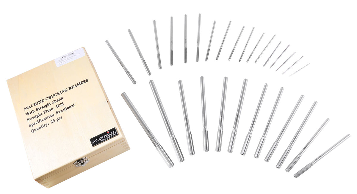 29 Pc 1/16'' to 1/2'' by 1/64'' H.S.S. Chucking Reamer Set, Straight Flute, Right Hand Cut, 5500-SF00