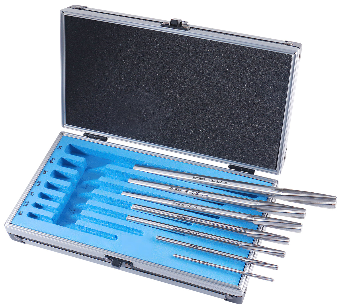 Northward Cutting Edge Fractional Sizes 1/8" Thru 1/2" by 16th ANSI HSS M2 Premium Chucking Reamer Set, Spiral Flute, Right Hand Cut, 7pcs/Set, 5528-0700