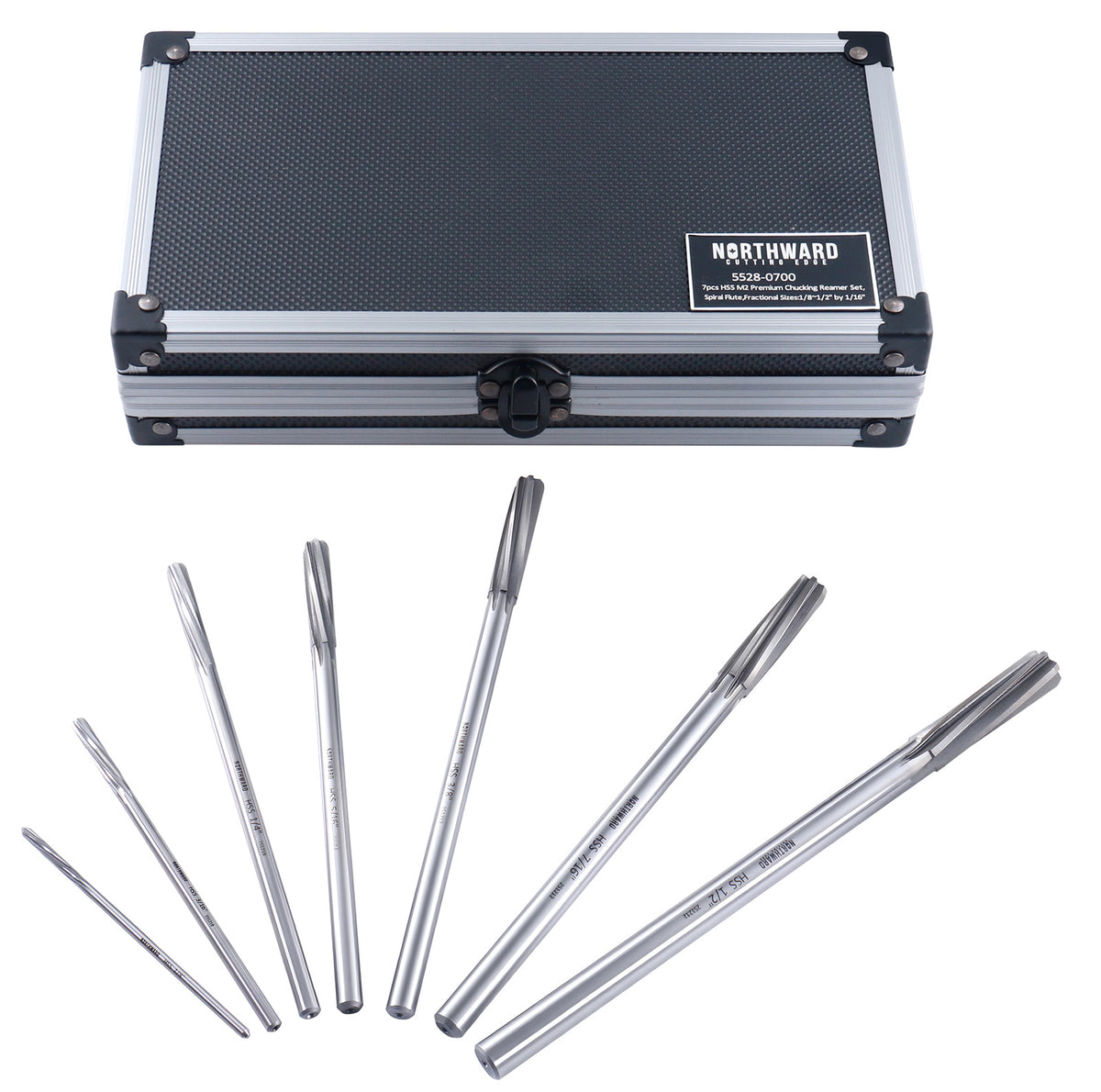 Northward Cutting Edge Fractional Sizes 1/8" Thru 1/2" by 16th ANSI HSS M2 Premium Chucking Reamer Set, Spiral Flute, Right Hand Cut, 7pcs/Set, 5528-0700