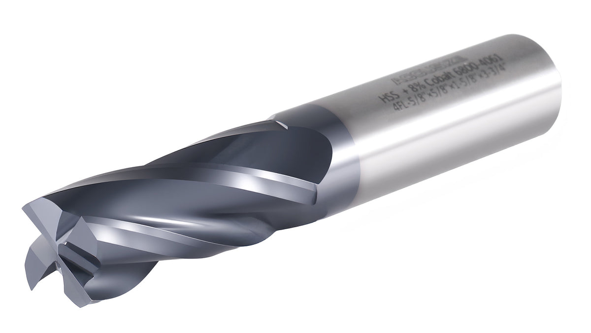 5/8'' Dia x 5/8'' Shank Dia M42 (8% Cobalt) Tiain Finishing End Mill, CNC, Center Cutting, 6800-4061