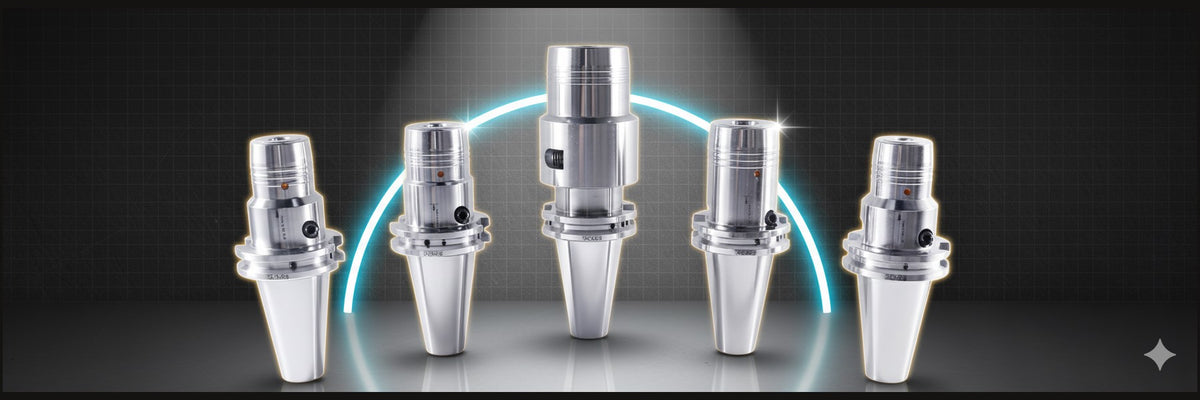 Five polished Accusize CAT40 and CAT50 high precision hydraulic chucks arranged symmetrically on a metallic background, showing reflective steel surfaces, precision-ground tapers, and fine clamping design, representing industrial-grade toolholding systems for CNC machining.