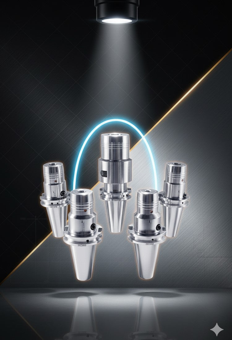 Five polished Accusize CAT40 and CAT50 high precision hydraulic chucks arranged symmetrically on a metallic background, showing reflective steel surfaces, precision-ground tapers, and fine clamping design, representing industrial-grade toolholding systems for CNC machining.