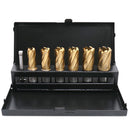 9/16" to 15/16", 7 pc TiN Coated H.S.S. Annular Cutter Set, 3/4'' Weldon Shank, 1'' Cutting, Plus a Pilot Pin, BC01-1000