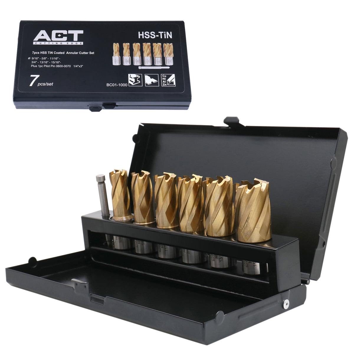 9/16" to 15/16", 7 pc TiN Coated H.S.S. Annular Cutter Set, 3/4'' Weldon Shank, 1'' Cutting, Plus a Pilot Pin, BC01-1000
