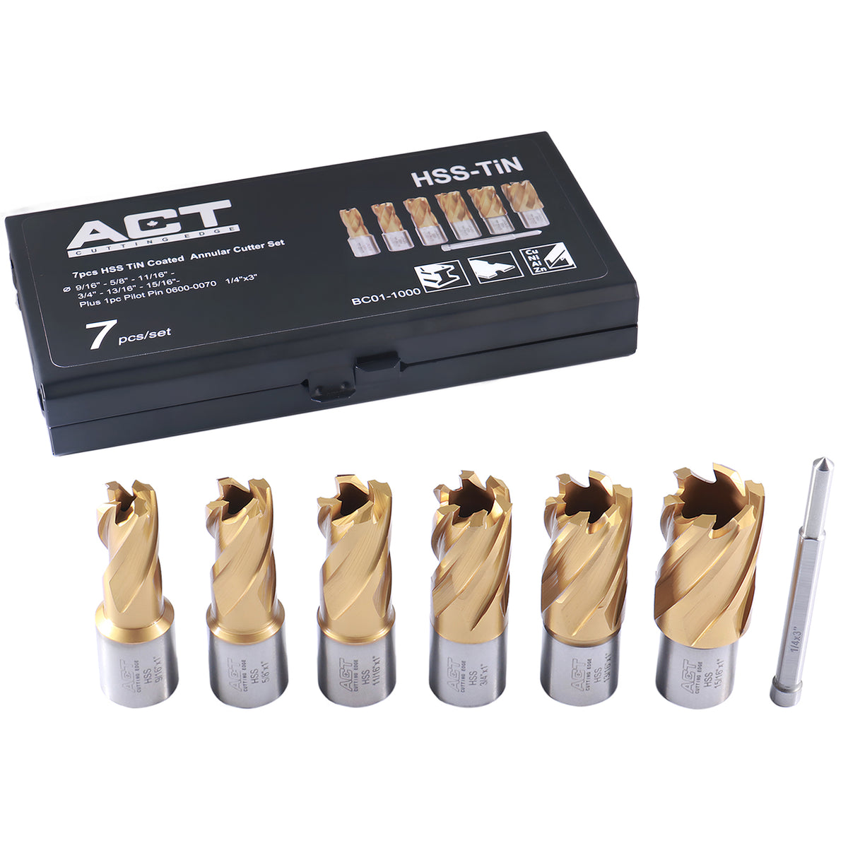 9/16" to 15/16", 7 pc TiN Coated H.S.S. Annular Cutter Set, 3/4'' Weldon Shank, 1'' Cutting, Plus a Pilot Pin, BC01-1000