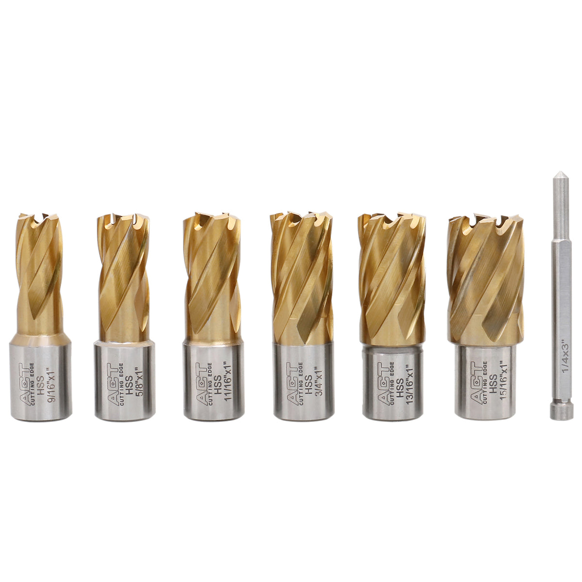 9/16" to 15/16", 7 pc TiN Coated H.S.S. Annular Cutter Set, 3/4'' Weldon Shank, 1'' Cutting, Plus a Pilot Pin, BC01-1000