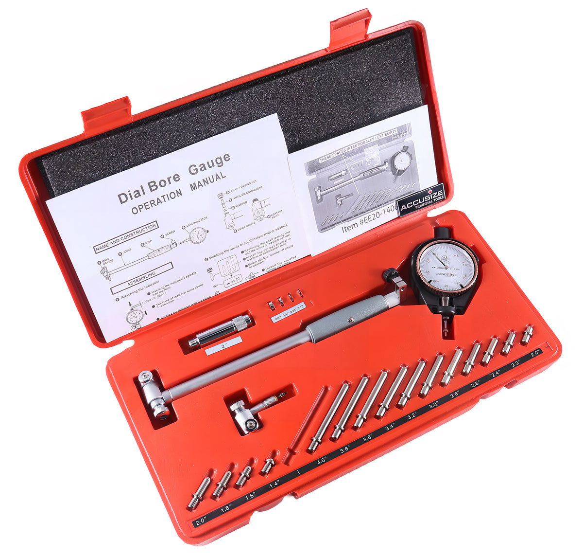 Dial Bore Gauge Set, 1.4-6 inch Measuring Range, 0.0005'' Graduation Interval, Ee20-1406