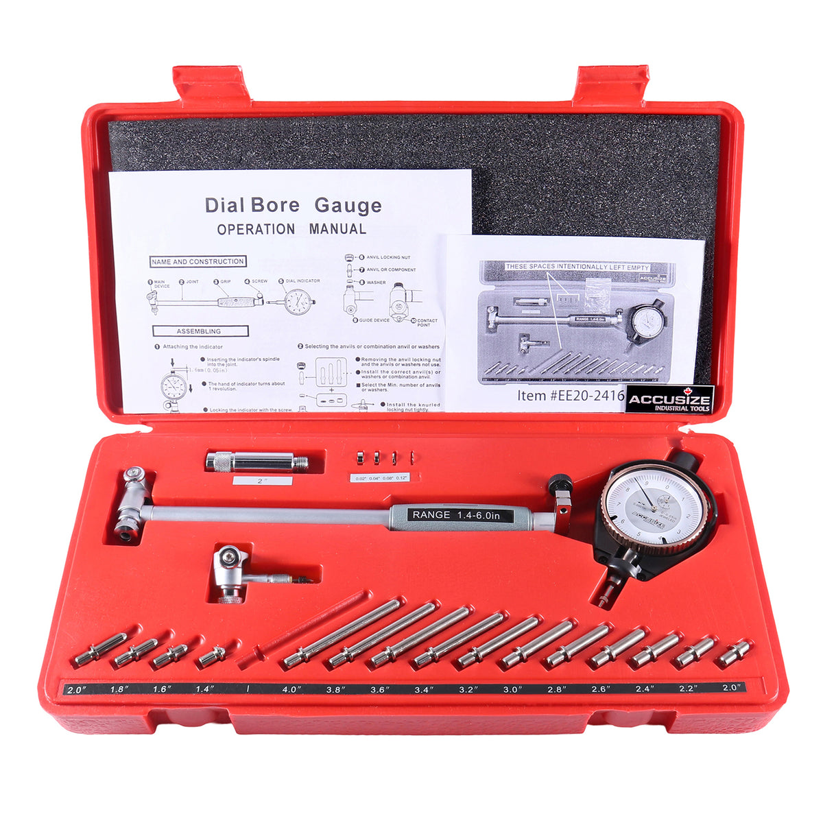 Dial Bore Gauge Set, 1.4-6 inch Measuring Range, 0.0001'' Graduation Interval, EE20-2416