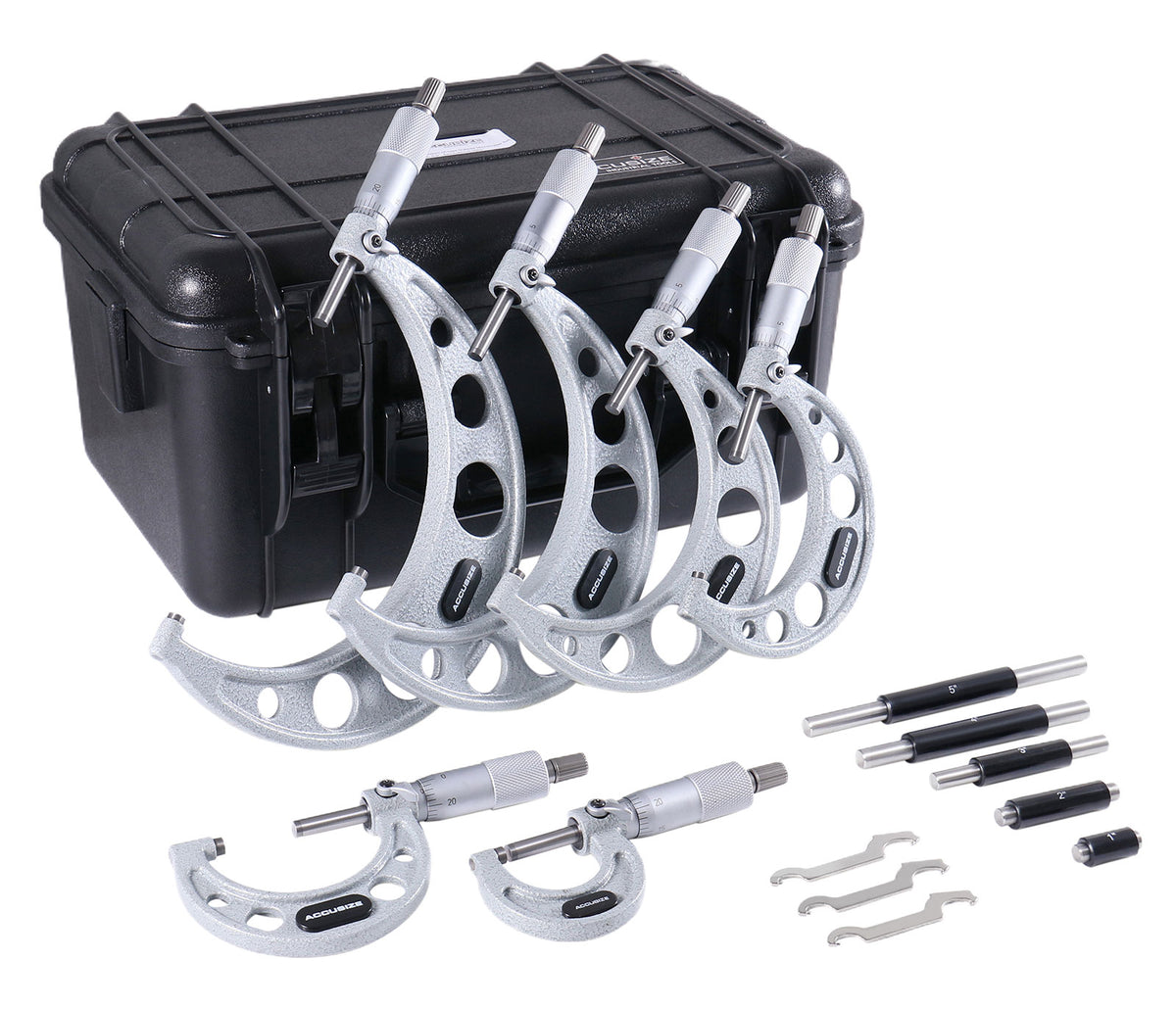 Ensemble de micromètres extérieurs ultra-précis de 6 pièces (0-1 po, 1-2", 2-3" 3-4", 4-5" et 5-6") Plus un socle de micromètre portatif et un ensemble de jauges télescopiques de 6 pièces, 0906-C153