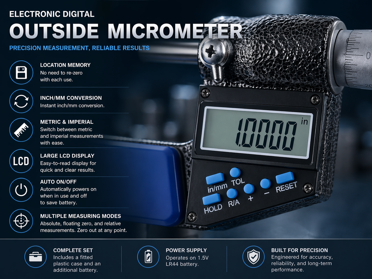 Electronic digital outside micrometer with large LCD, inch/mm conversion, memory, and multiple measuring modes