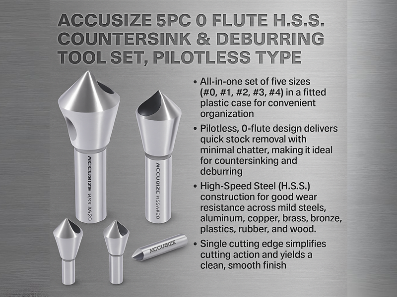 0 Flute H.S.S. Countersink & Deburring Tool Set, Pilotless Type, 5 pcs/set