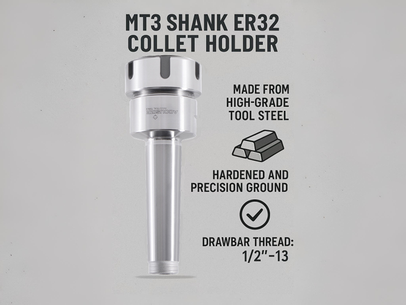 Mandrin ER32 à tige MT3 avec kit de pinces 11 pièces, 1/8" - 3/4" par 16e, Système de pince conique Morse, #0223 -0304
