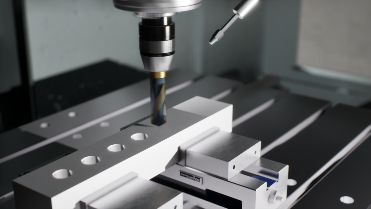CNC machine in operation with a metal component being drilled by Accusize M35(HSS+5% Cobalt) Split Point Drill bit