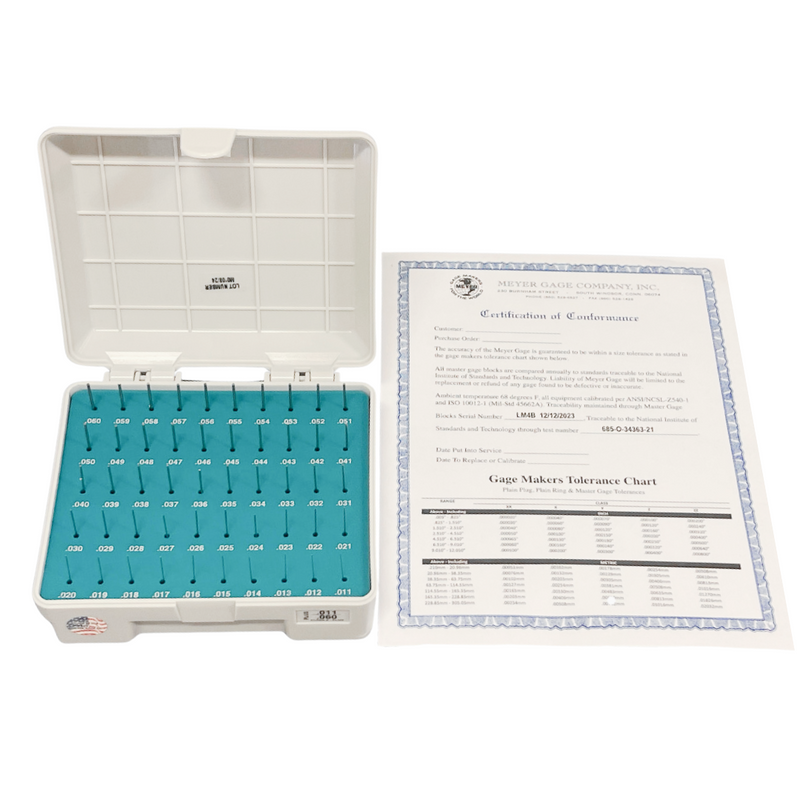 Meyer Class Z Pin Gage Sets (Inch) with NIST Certificate, Made in USA