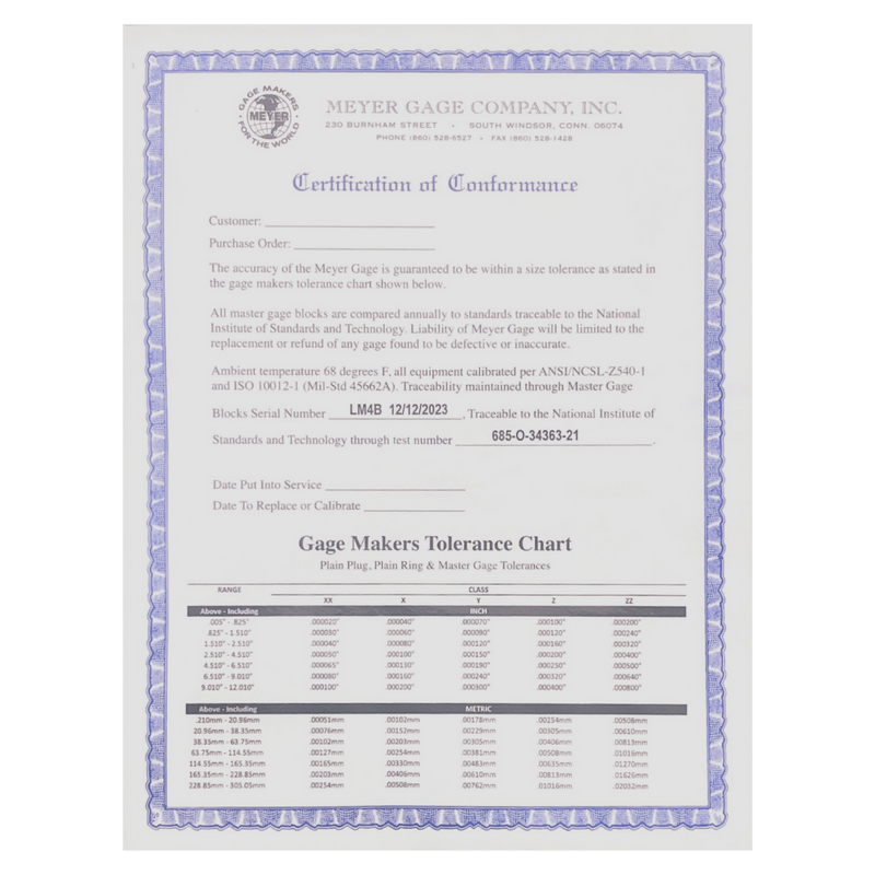 Meyer Class Z Pin Gage Sets (Inch) with NIST Certificate, Made in USA