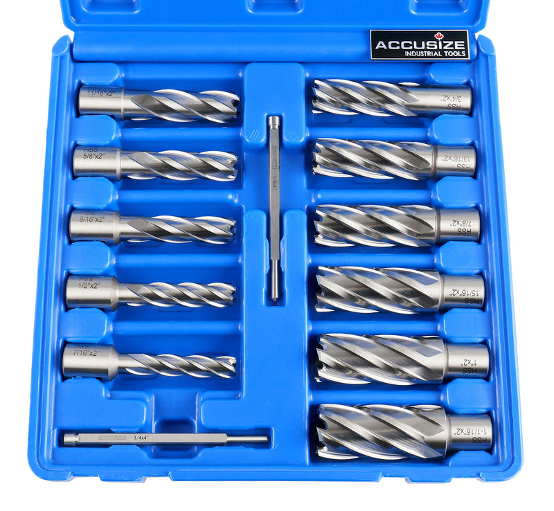 13 Pc 7/16'' to 1-1/16'' H.S.S. Annular Cutters, 2'' Cutting Depth, 3/4'' Weldon Shank, with 2 Pilot Pins, Strong Case, N2