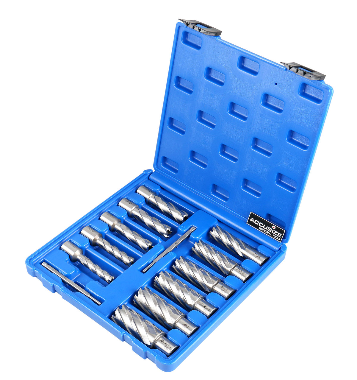 13 Pc 7/16'' to 1-1/16'' H.S.S. Annular Cutters, 2'' Cutting Depth, 3/4'' Weldon Shank, with 2 Pilot Pins, Strong Case, N2
