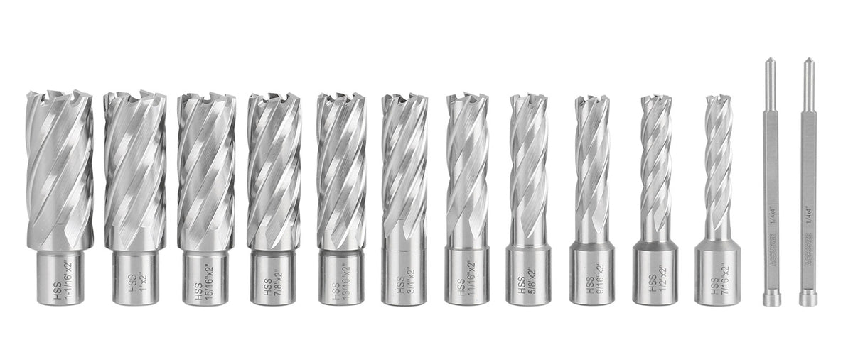 13 Pc 7/16'' to 1-1/16'' H.S.S. Annular Cutters, 2'' Cutting Depth, 3/4'' Weldon Shank, with 2 Pilot Pins, Strong Case, N2